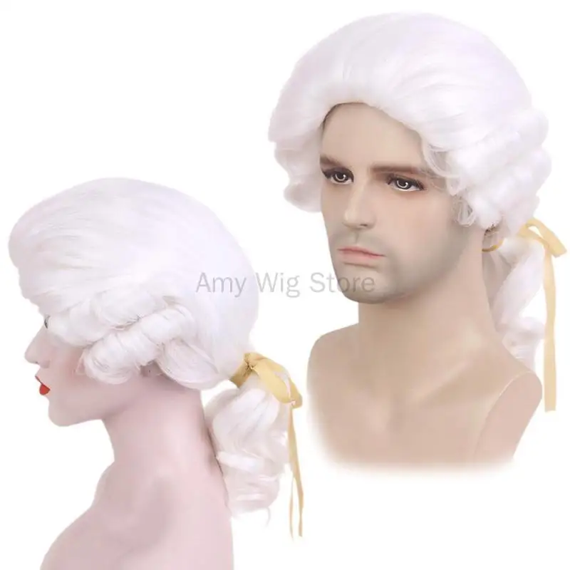 Mens and Womens White Lawyer Wig Colonial Historical Judge Costumes Wig Heat Resistant Hair Wigs for Halloween Party Cosplay