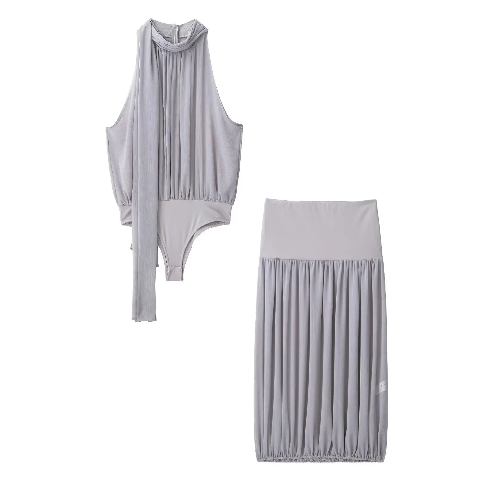

Elegant Woman's 2 Pieces Set Pleated Sleeveless Jumpsuit Top+Thin Solid Long Skirt Casual Skirt Streetwear Women's Playsuit Tops