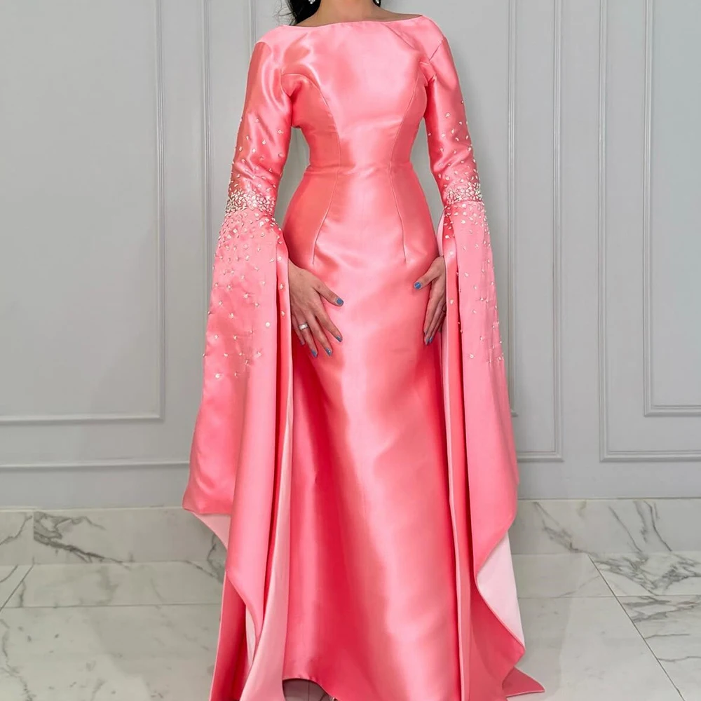 

Floor Length Crew neck Satin Evening Dress Long Sleeves Crystal Bespoke Occasion Gowns Photo Color Elegant and Exquisite