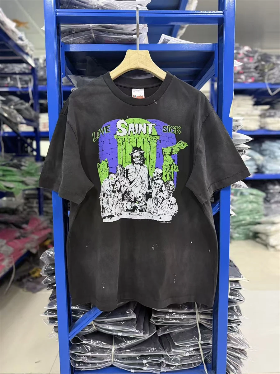 SAINT Mx6 Retro Washed Vintage Skeleton Letter Printed Round Neck Short Sleeved Cotton Street Versatile Loose Casual T-shirt