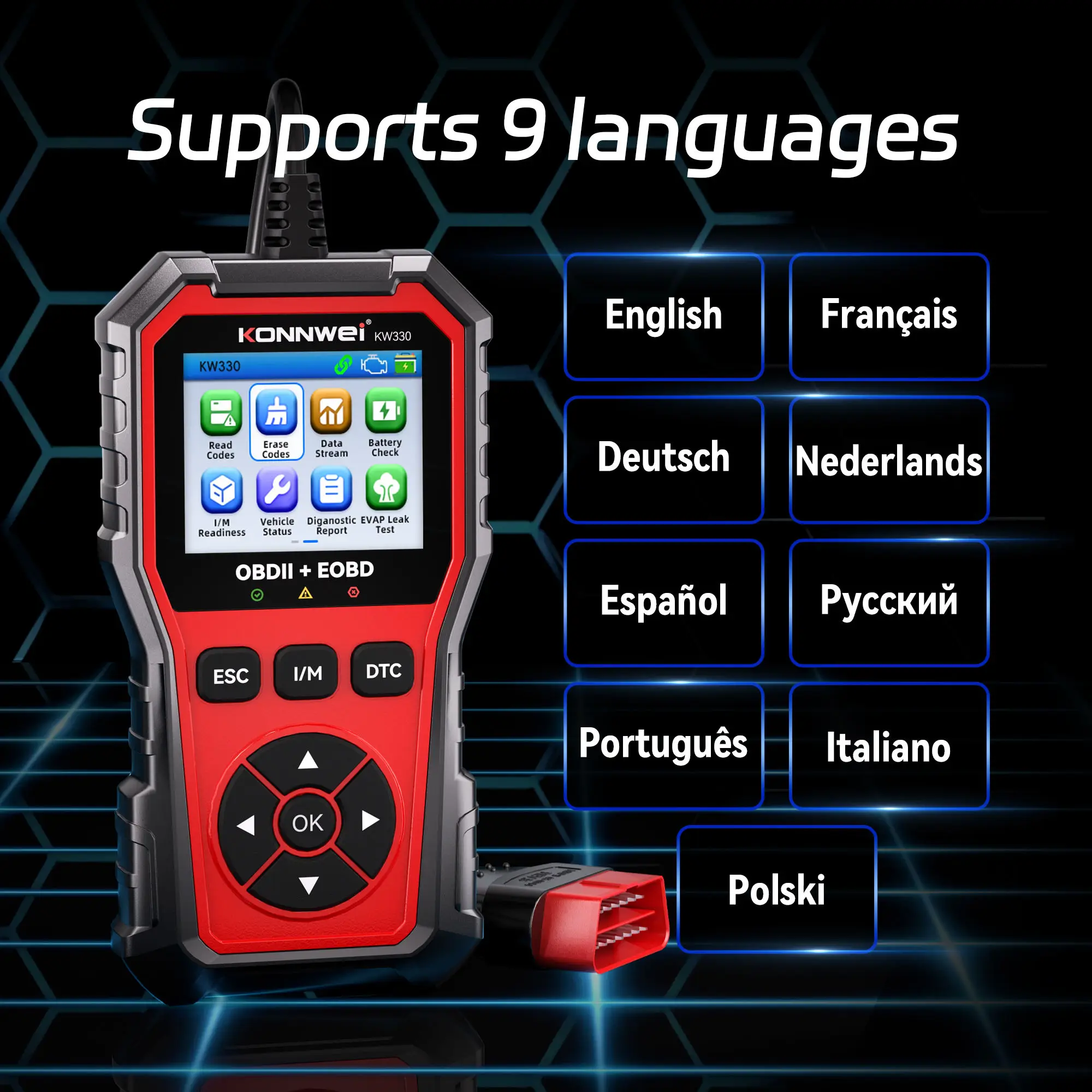 KONNWEi KW330 Car Full OBD2 Functions Fault Scanner Engine Battery Test Fault Read Erase Code Real-Time Data O2 Sensor Test