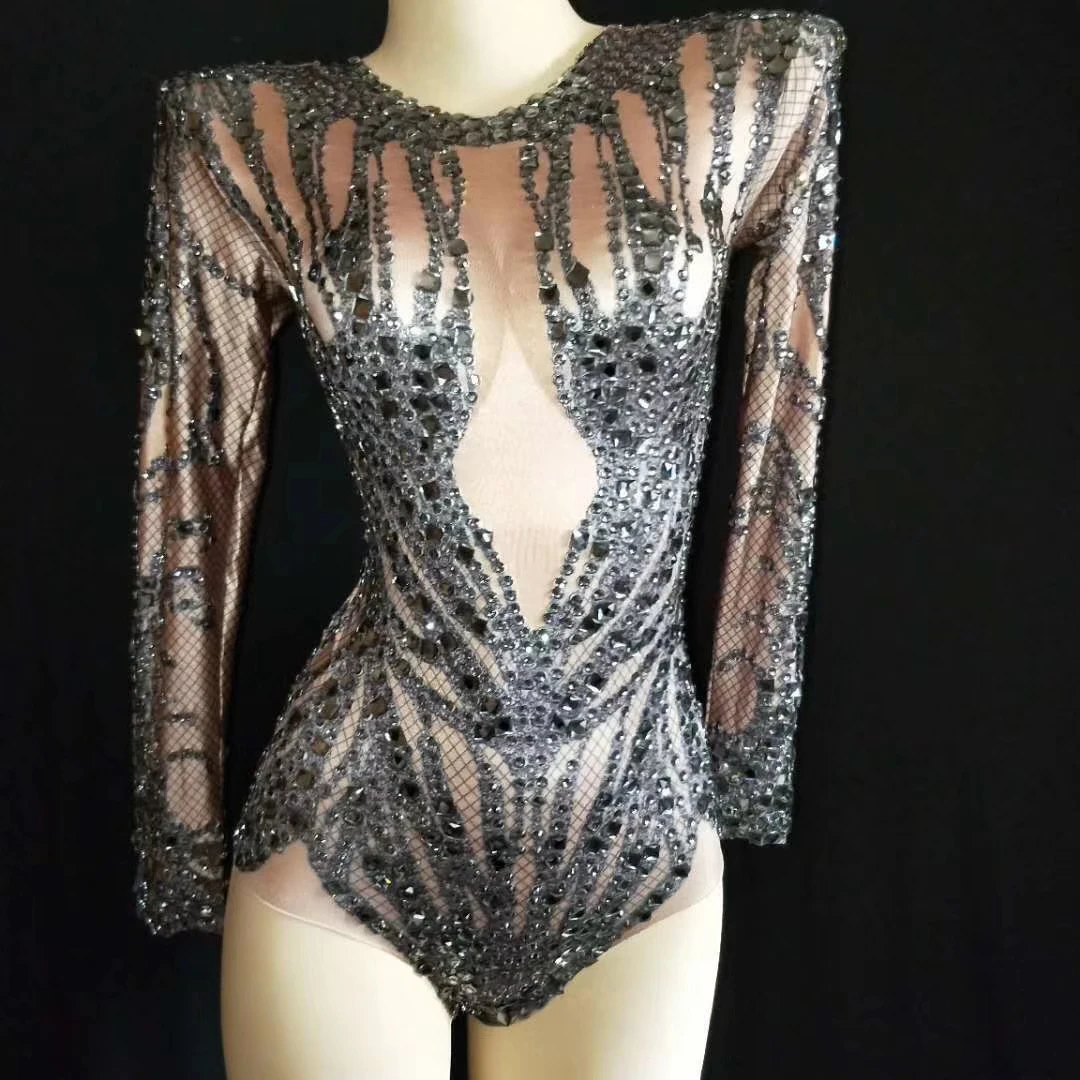 

Sexy Stretch Rhinestone Nude Bodysuit Female Crystal Party Bodysuit Women Club Dancer Outfits Drag Queen Stage