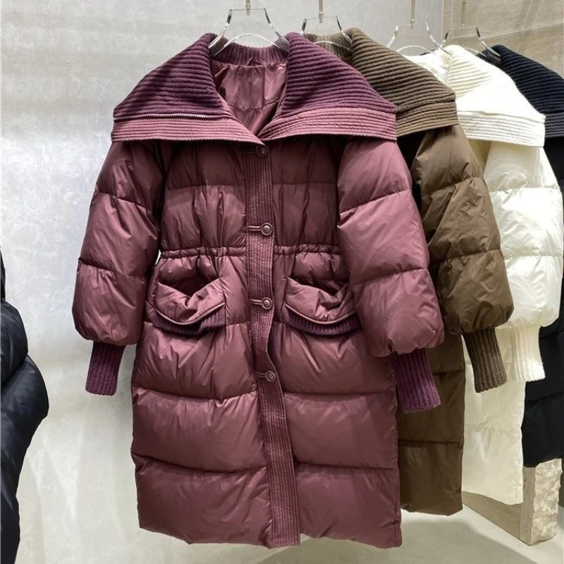 Slim Knee Warm Down Jacket for Women, Windproof Parka, Korean Version of the Lapel, Loose Coat, Autumn and Winter, 2024