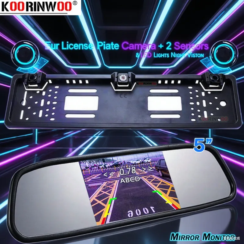 Koorinwoo License Plate Camera Wireless radar detector HD 5 inch Monitor Rear view Parktronics for cars Parking Sensors for cars