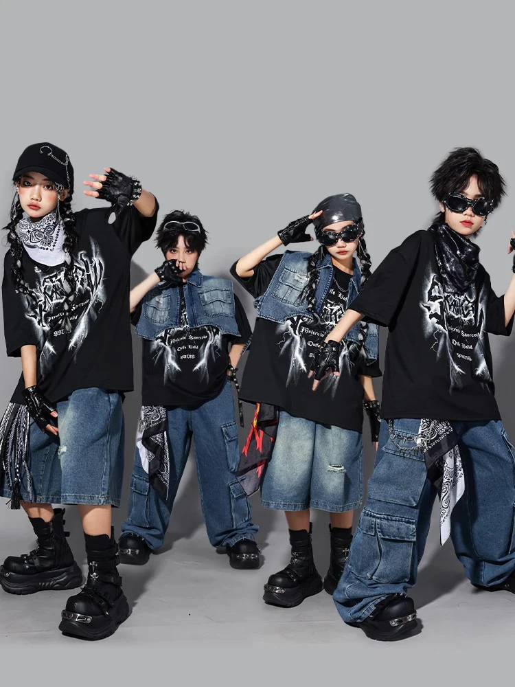 2025 Kinder Jazz Dance Kostüm Mädchen Denim Weste Hosen Jungen Street Dance Performance Kleidung Sommer Kurzen Ärmeln Anzug BL16125