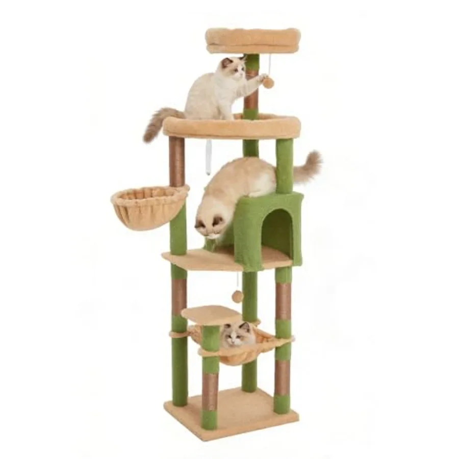 

67-Inch Cat Tree with Bed Hammock Observation Deck Plush Platform Toy Ball for Indoor Cats Green and Yellow Faux Fur and Sisal