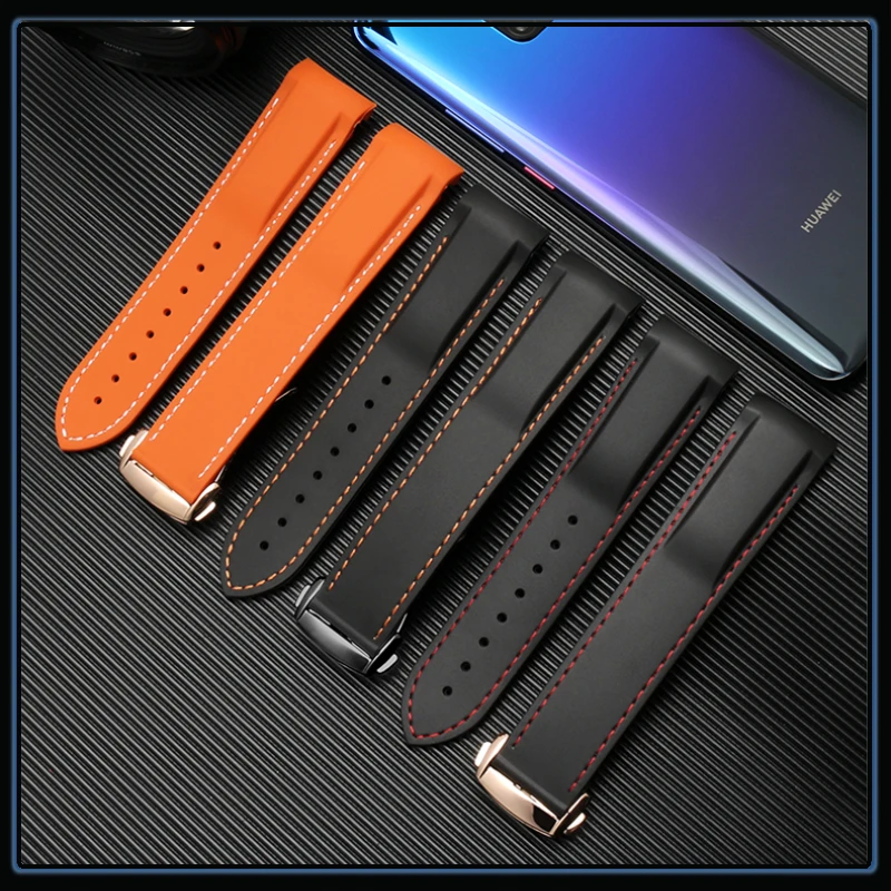 ل أوميغا ساماستر 300 Speedmaster سيليكون حزام العلامة التجارية الأزرق البرتقالي 20 22 مللي متر منحني نهاية هاملتون المطاط للطي مشبك حزام الساعات