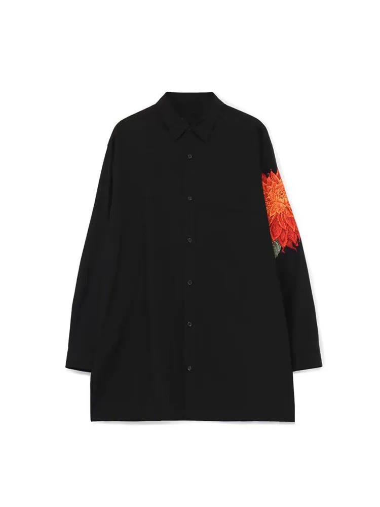 Japanese Style Dark Loose Casual Embroidered Dali Flower Long Sleeved Shirt for Men