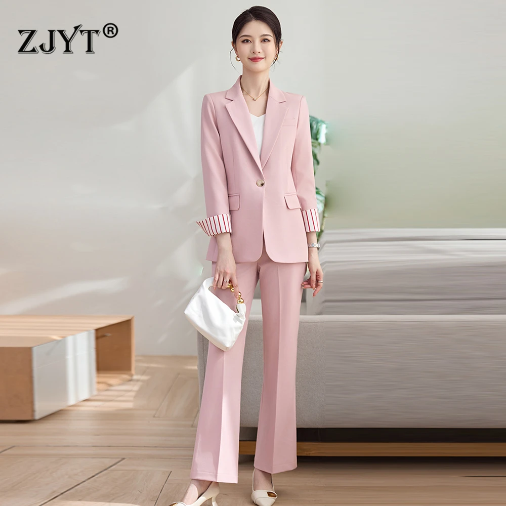 

Элегантный женский брючный костюм ZJYT: пиджак и брюки, комплект из 2 предметов, весенняя мода 2026, розовый наряд, офисная одежда для деловых женщин