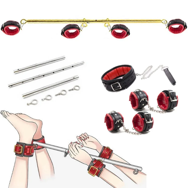 Stainless Steel Spreader Bar PU Leather Padded Wrist Hand Ankle Cuffs Collar with Chain BDSM Restraint Adult Open Legs Sex Toys