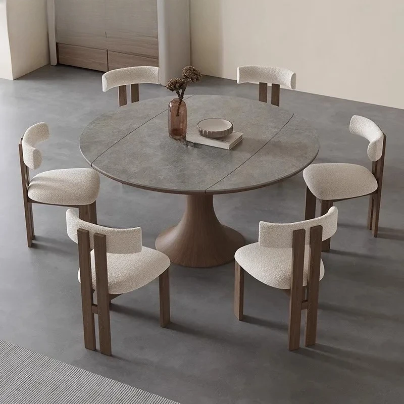 

Foldable round solid wood rock slab dining table and chair combination household walnut modern round dining table and chair
