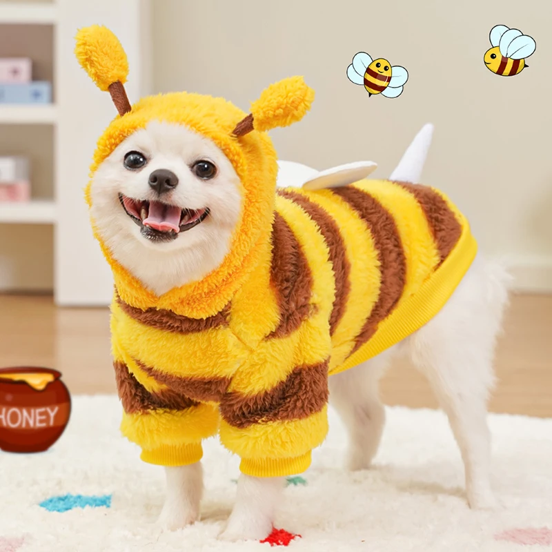 

Funny Bee Style Plush Costume for Kitten Puppy Autumn Winter Soft Warm Cat Hoodies with Leash Hook Teddy Small Dog Clothes