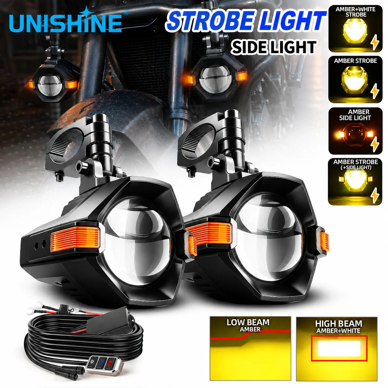 UNISHINE 3-Zoll Motorrad LED Zusatzscheinwerfer Weiß Gelb Zweifarbig Stroboskop Seitenblinker für BMW R1250GS Yamaha Offroad-Nutzung