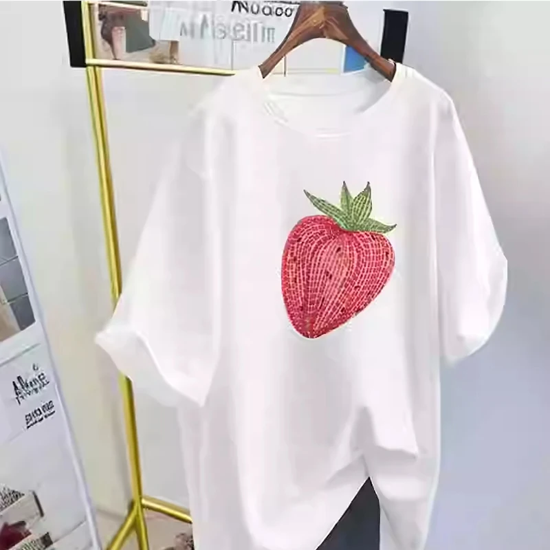 Summer Women's Short Sleeve Top Strawberry Printed O-neck T-shirt Korean Loose Versatile Cotton Couple's Tees Oversized S-3XL ﻿