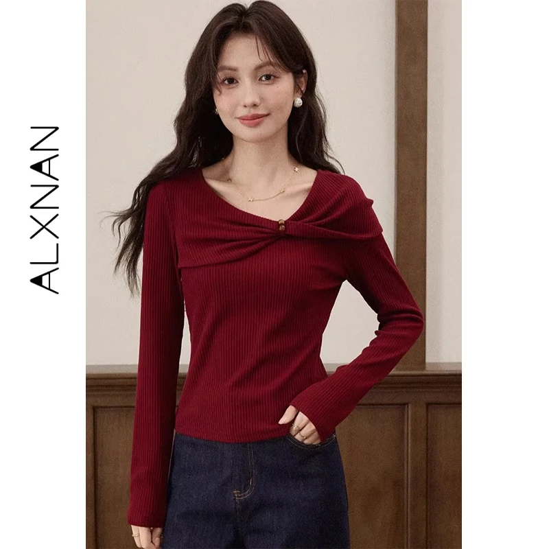 

ALXNAN красный свитер женский винтажный витой косой воротник облегающий пуловер 2025 осень повседневная мода трикотаж с длинными рукавами L57026-2