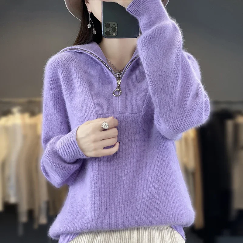 

Half zip large lapel mink sweater for women's autumn and winter super soft and warm casual high neck fashionable sweater