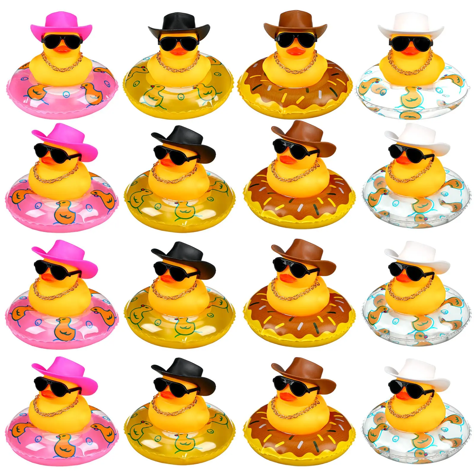 6/12/24 pcs Cowboy Rubber Duck Mini Rubber Duckies with Mini Cowboy Hat Swim Circle Necklace Sunglasses for Bathtub Toys Car