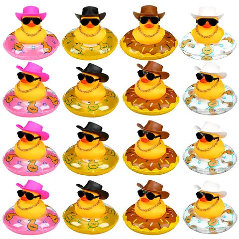 6/12/24 pcs Cowboy Rubber Duck Mini Rubber Duckies with Mini Cowboy Hat Swim Circle Necklace Sunglasses for Bathtub Toys Car