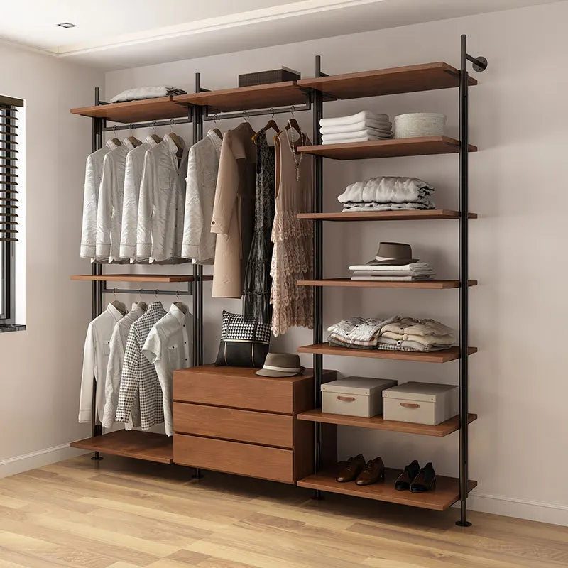 Open Wardrobe Home Bedroom Wrought Iron Hanging Hanger Floor to Floor Walk-in Cloakroom Shelf Metal Shelf