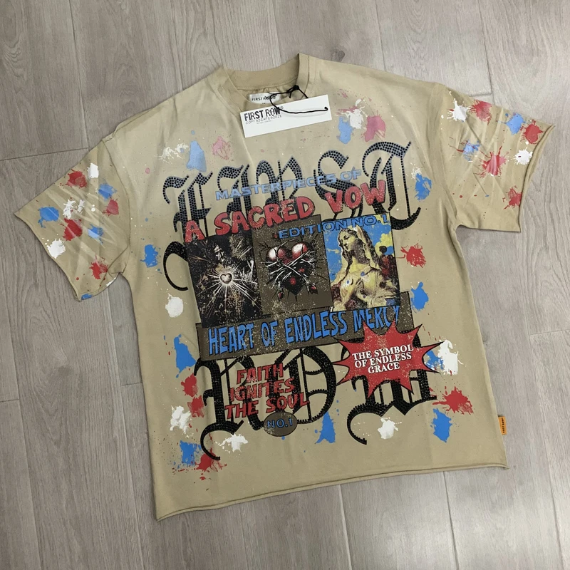 

Футболка с настоящими фотографиями FIRST ROW, уличная мода, новые цветные топы с принтом граффити в американском стиле, мужская и женская футболка с коротким рукавом