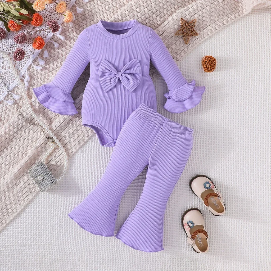 Baby Set 0-18 Months Long Sleeve Bow Ruffled Romper and boot cut Pant Christening Outfit Toddler Infant Fashion Suit For Kids