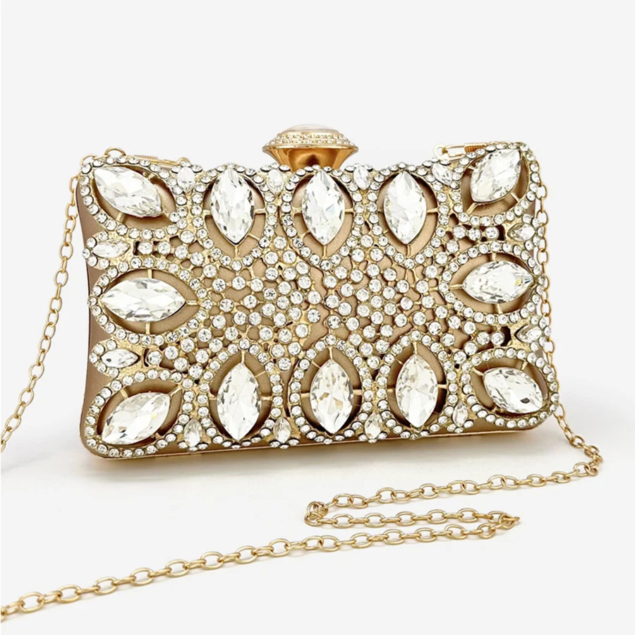 

New Women Day Clutch Hollow Out Style Diamonds Party Evening Bags Metal Handle Wedding Bridal Banquet Handbags With Chain Totes