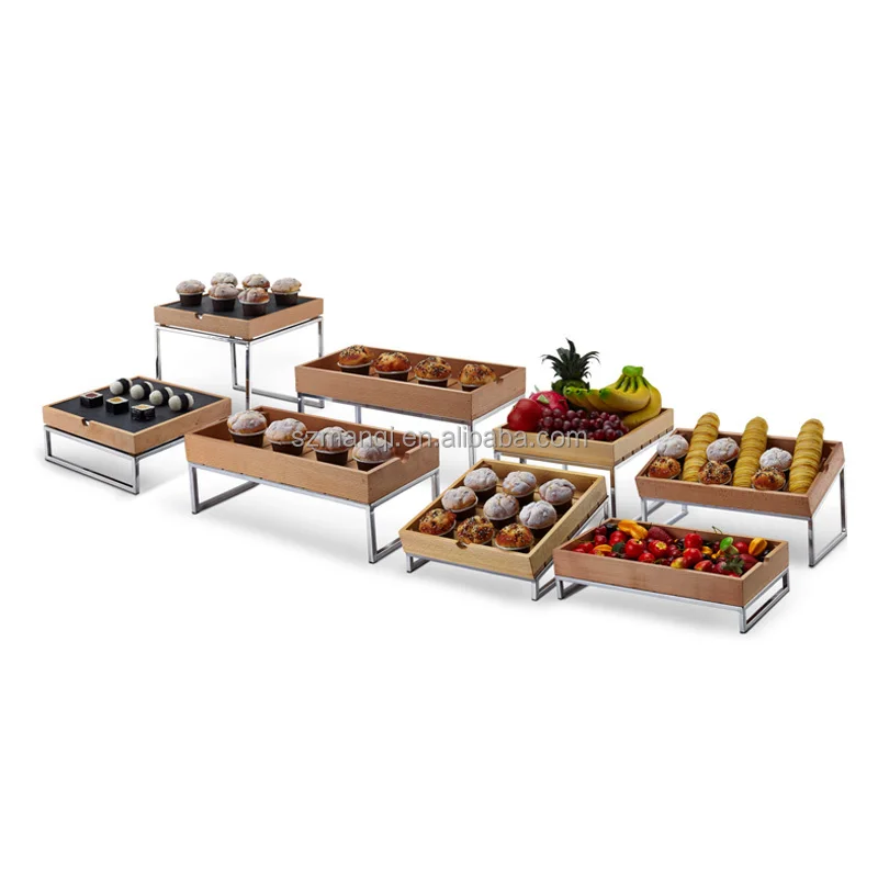 

Manqi Kitchen Equipment Food Hotel Wood 2 Tiered Stand Buffet Cabinet Modern Wooden Display Risers for Wedding