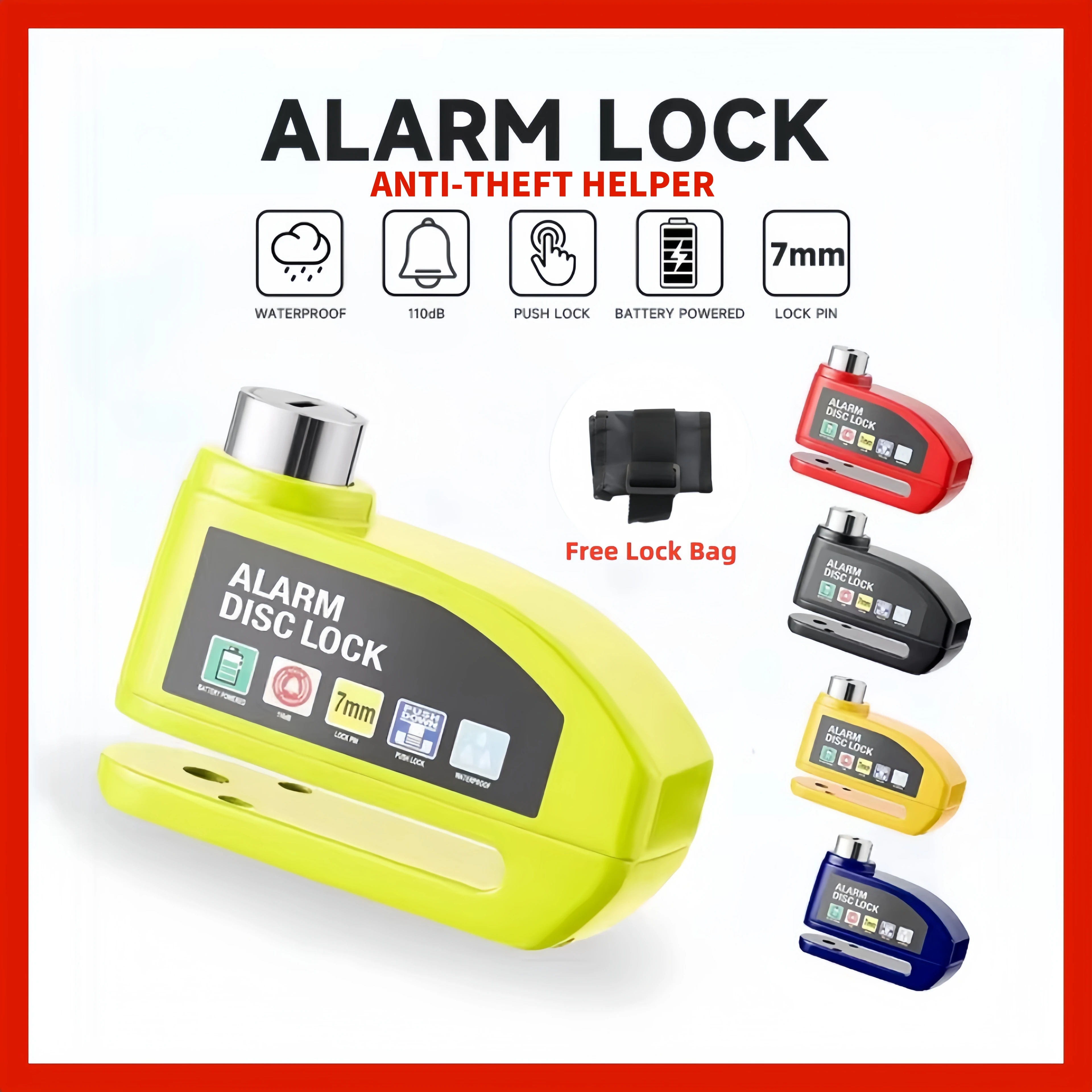 Motorcycle Bicycle Disc Lock Safety Protection Padlock Aluminum Alloy AntiTheft Alarm+Reminder Rope+Lock Bag MotorcycleAccessory