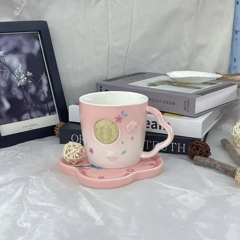 Taza Starbucks Sakura Bird de 355 ml con Posavasos, Juego de Tazas de Café de Cerámica Rosa para Regalo