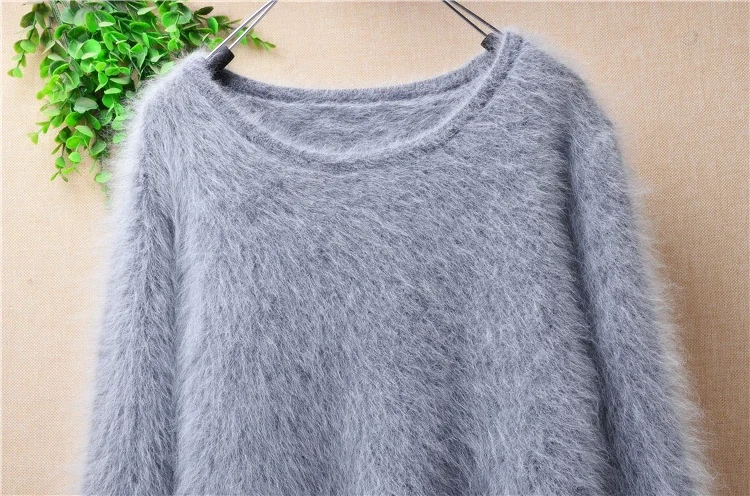 female women hairy plush mink cashmere knitted long sleeves colored stripes loose pullover angora fur winter sweater dress pull