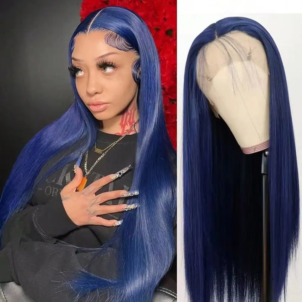 16A 100% Echthaar Dunkelblaue Glatte Perücken Echthaar Mitternachtsblau 13x4 HD Lace Front Echthaarperücken für Frauen 180%