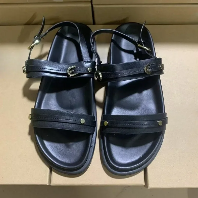 

2025 Thick Sole Women Flat Sandals Casual Double Strap PU Leather Summer New Design Open Toe Outside Beach Shoes for Female