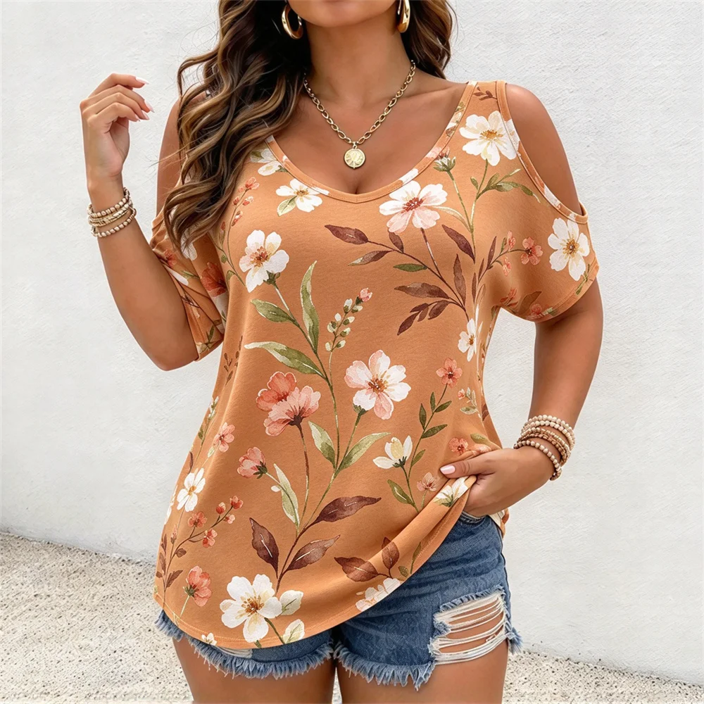 Cotton New Women's T-shirt Summer Women's Off Shoulder T-shirt Floral pattern Hawaii Vacation Women's T-shirt Women Clothing Top