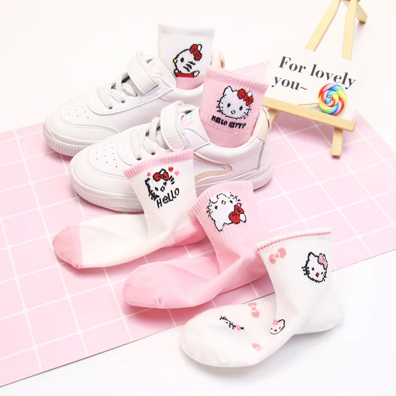 5pcs Kawaii Sanrio Hello Kitty Socks Childrens Cute Anime Pink Medium Socks Versatile Solid Color Short Socks Christmas Gift