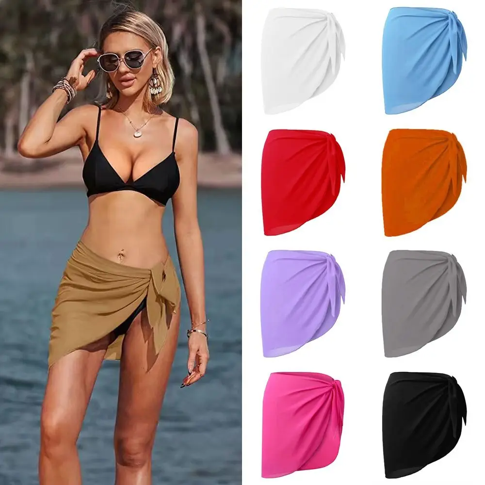 Baju renang pantai pendek wanita musim panas penutup Bikini bungkus rok pendek tipis syal sifon penutup untuk pakaian renang