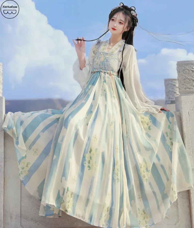 In Stock Chinese Clothes Lolita Dresses Blue Modern Hanfu Girls Women's Improved Daily Ancient Fairy Han Elements Tang Dynasty