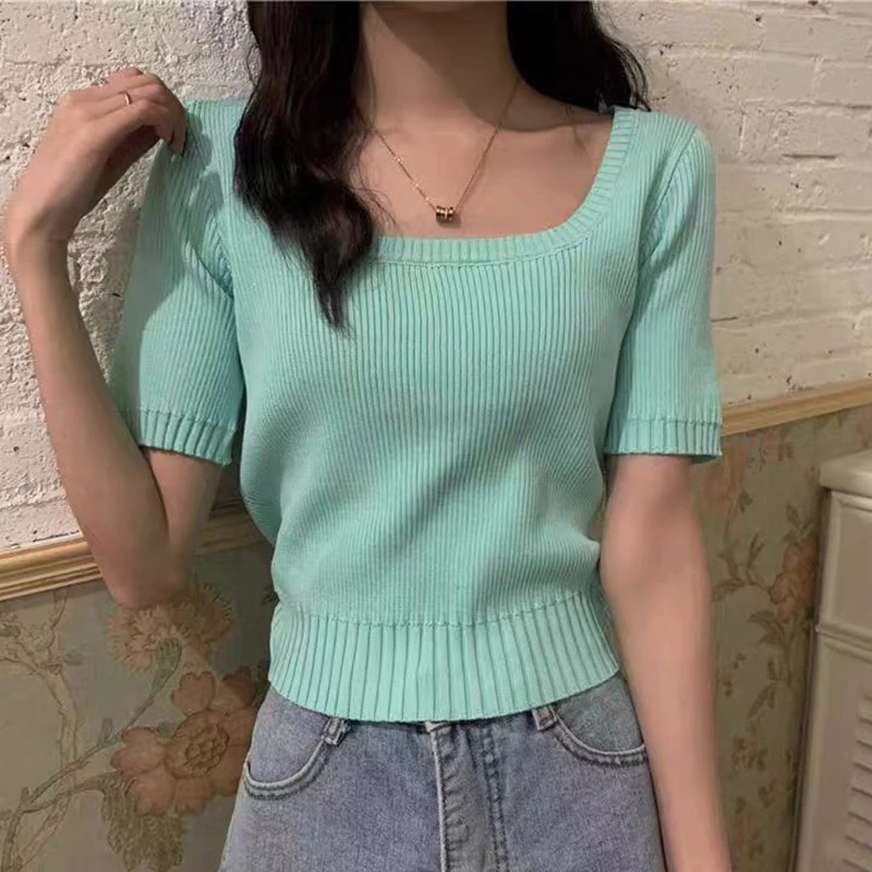 HELIAR Women Summer Square Collar Solid Casual Top Beach Short Sleeve Knitted Crop Tops Striped Slim Y2K Shirts Tee Spring