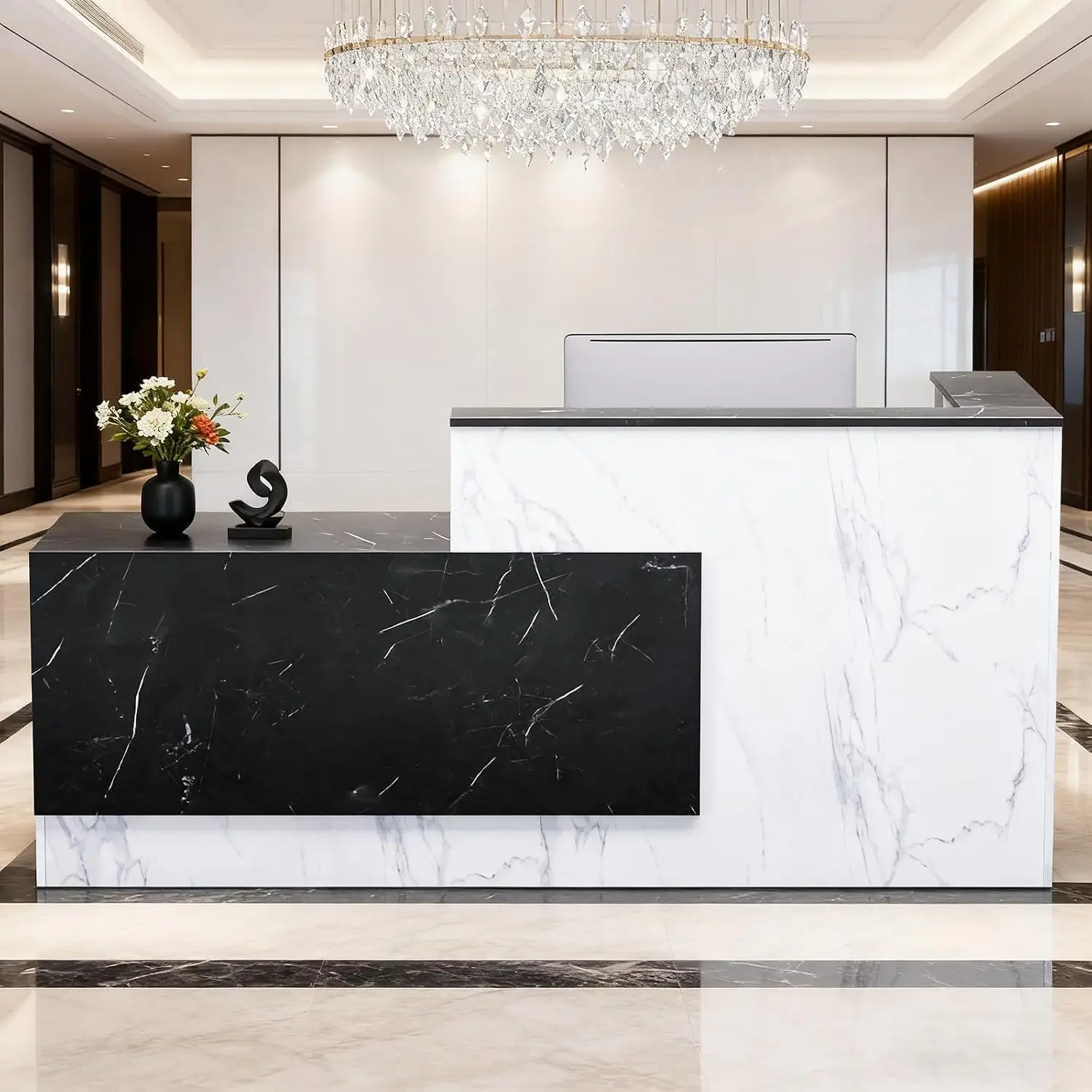 L Shaped Reception Desk Counter Commercial Modern Front Desk Reception Room Table Drawers Storage Keyboard Tray Checkout Lobby S