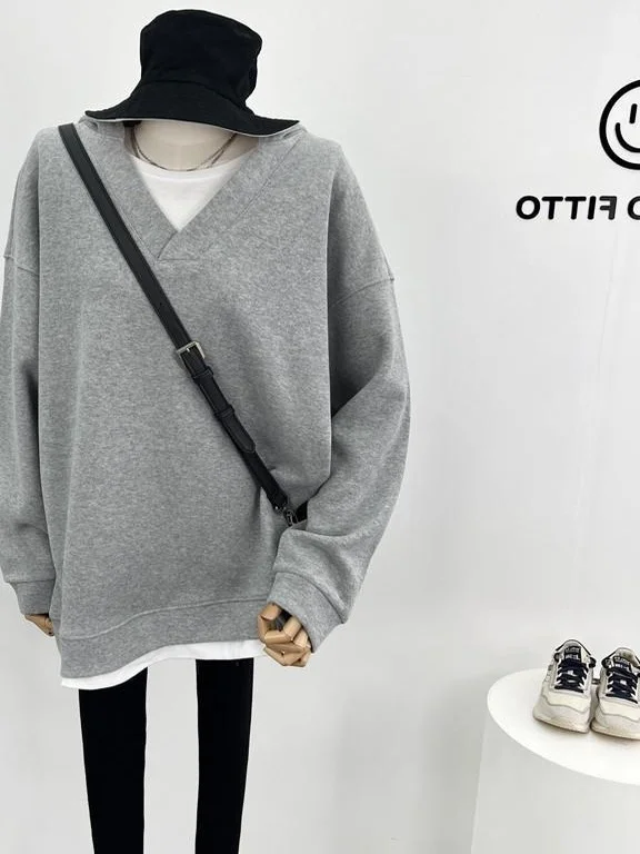 

Lazy Sle V-Ne Splice Поддельная двухсекционная толстовка средней длины, свободный топ Materni, большой размер 300, толстовка с капюшоном