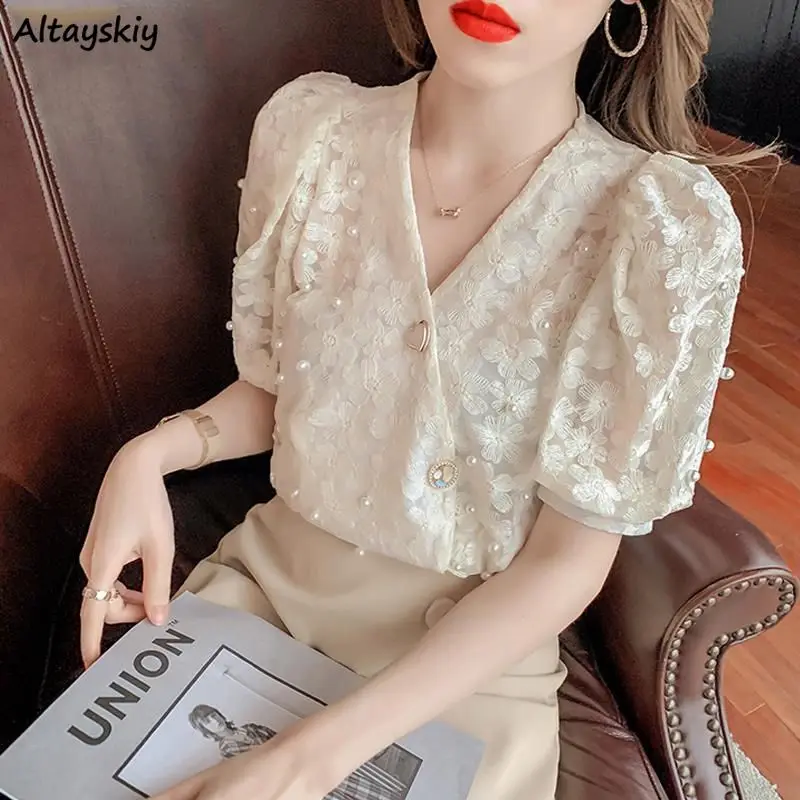 

Summer Chiffon Shirts Women V-neck Short Sleeve Lace See Through Korean Style Elegant Loose Tops Trendy Streetwear Fairycore BF