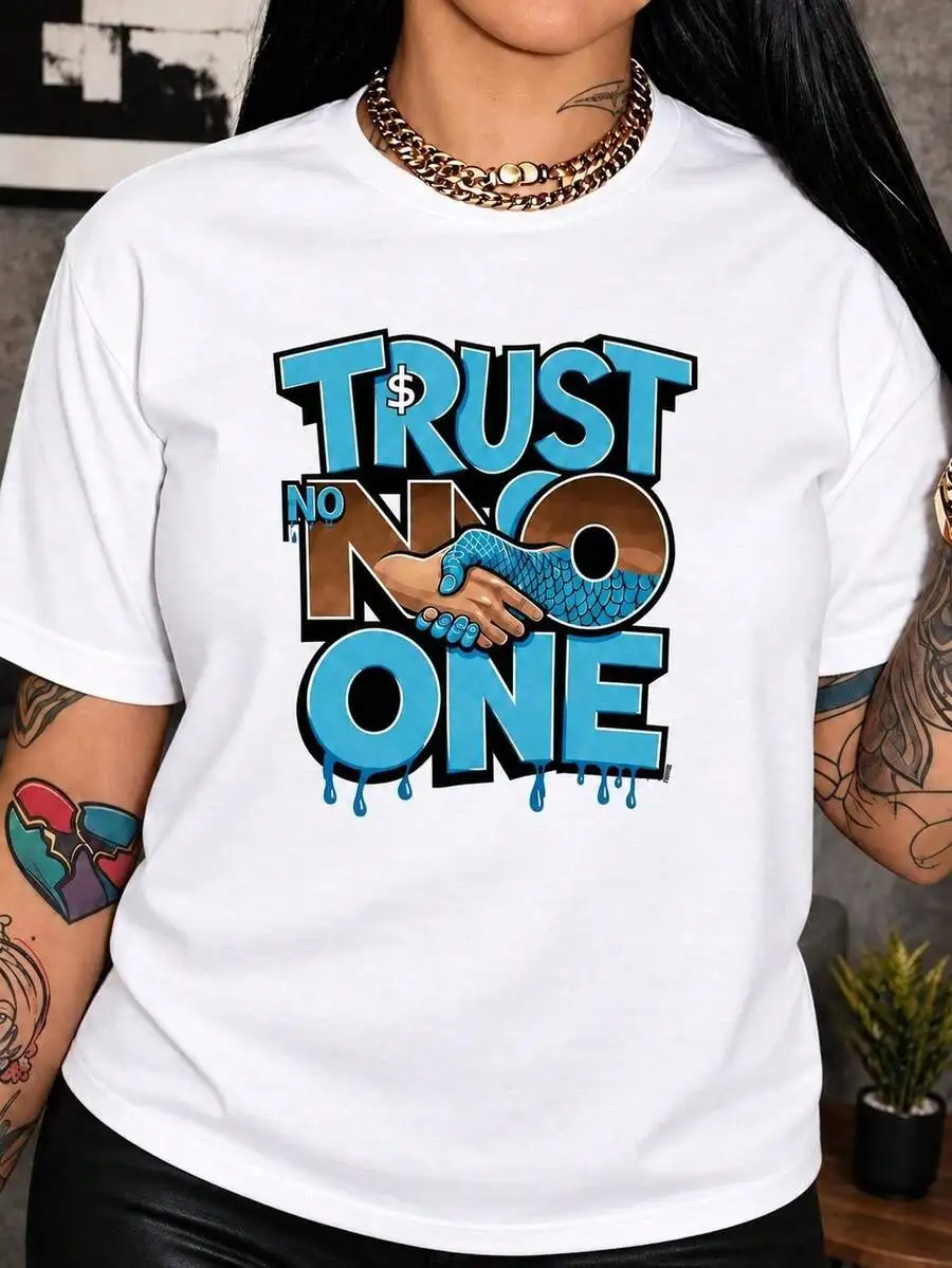 Y2K Streetwear Trust No One Handshake Slogan Graphic Print T‑Shirt For Women, 100% Cotton Casual Round Neck Short‑Sleeve Red Breathable Daily Shirts