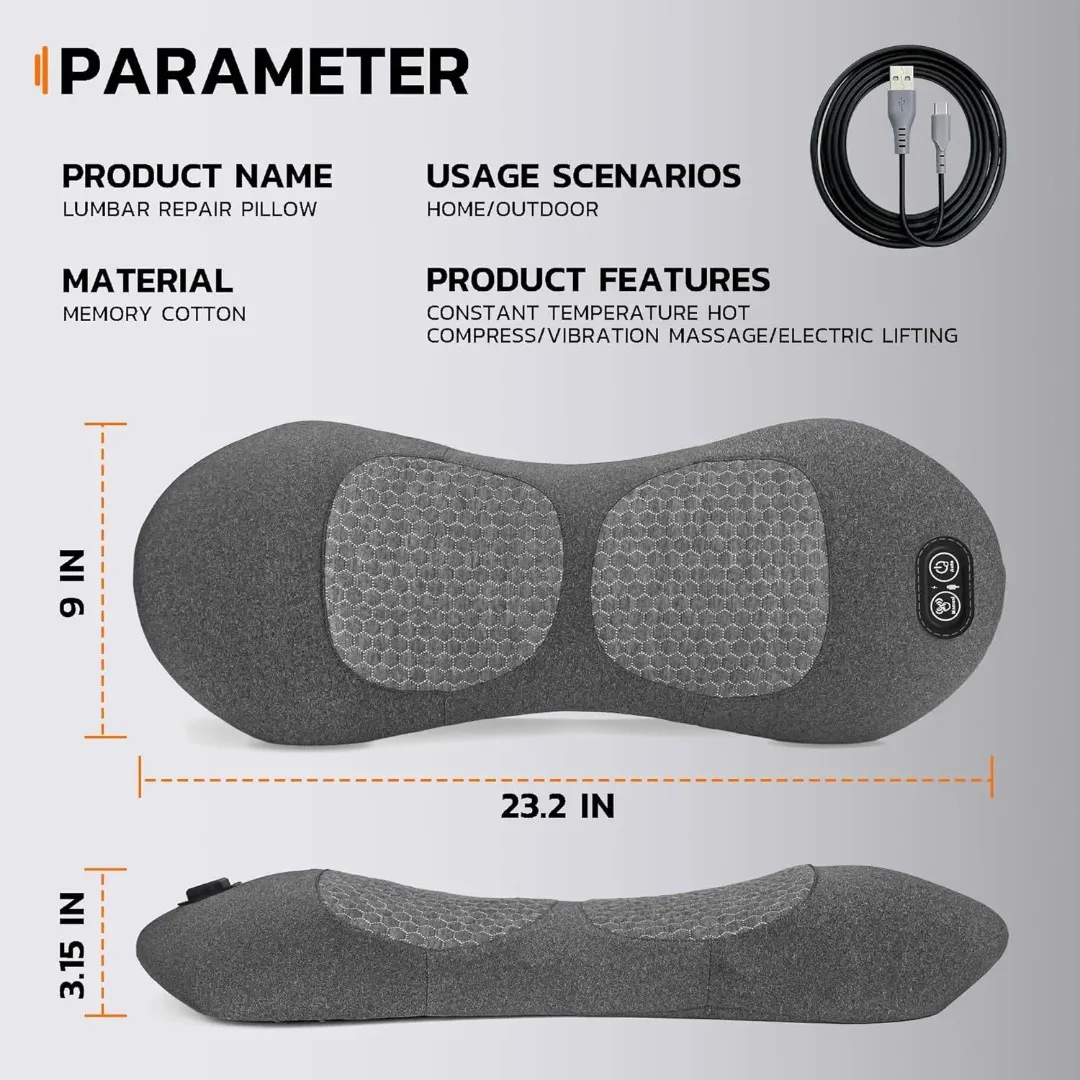 Multifunctional Electric Lumbar Massage Pillow with Heat, Vibration and Airbag Lifting, USB Powered Back Support Cushion for