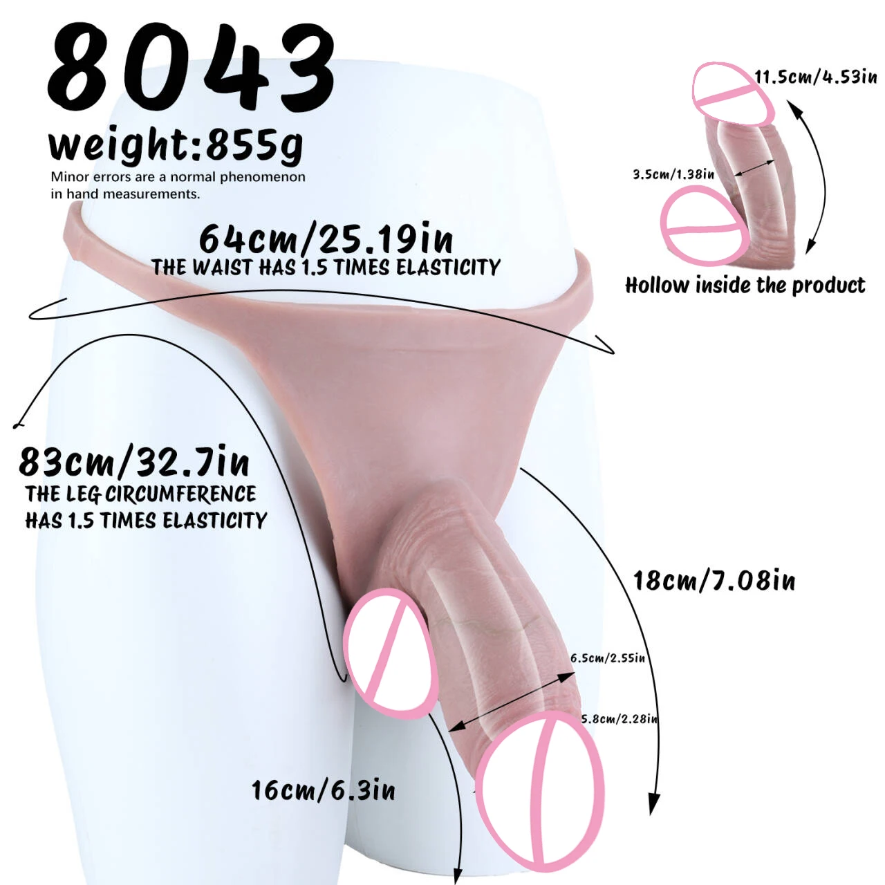 7.08in Silicone Male Penis Sleeve Enlarger Thong Underwear,Wearable Cock Extender For Men/Couple,Hollow Strapless Dildo Pant 18+