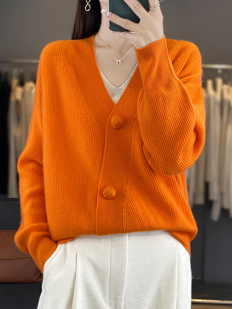 

100% Merino Wool Female Sweaters Large Size Fall Winter Cardigan V-Neck Knitted Outerwears Lady Clothes Knit Tops Fashion Trends