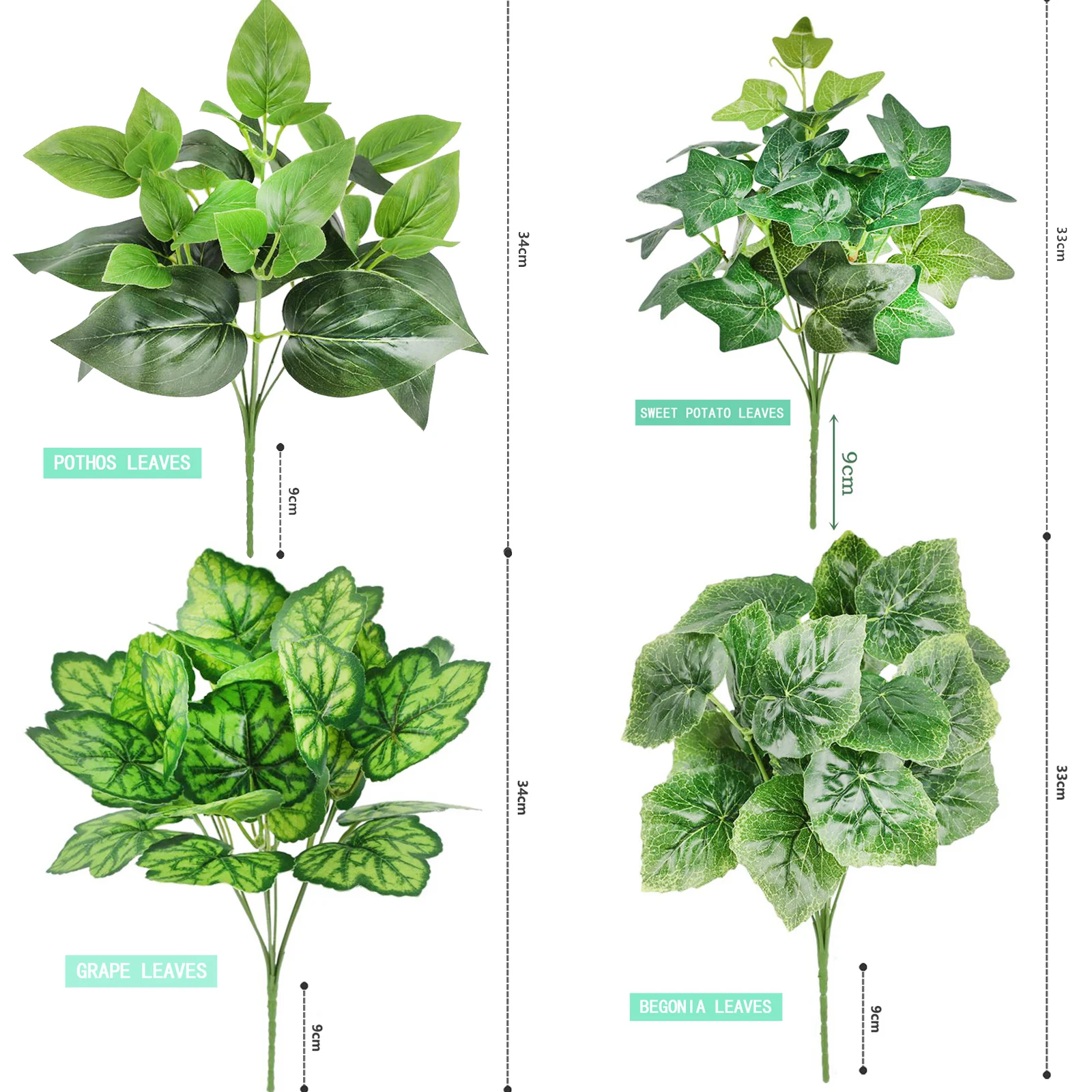 Artificial green plants 7 sweet potato leaves, green radish and begonia leaves plant wall living room office decoration