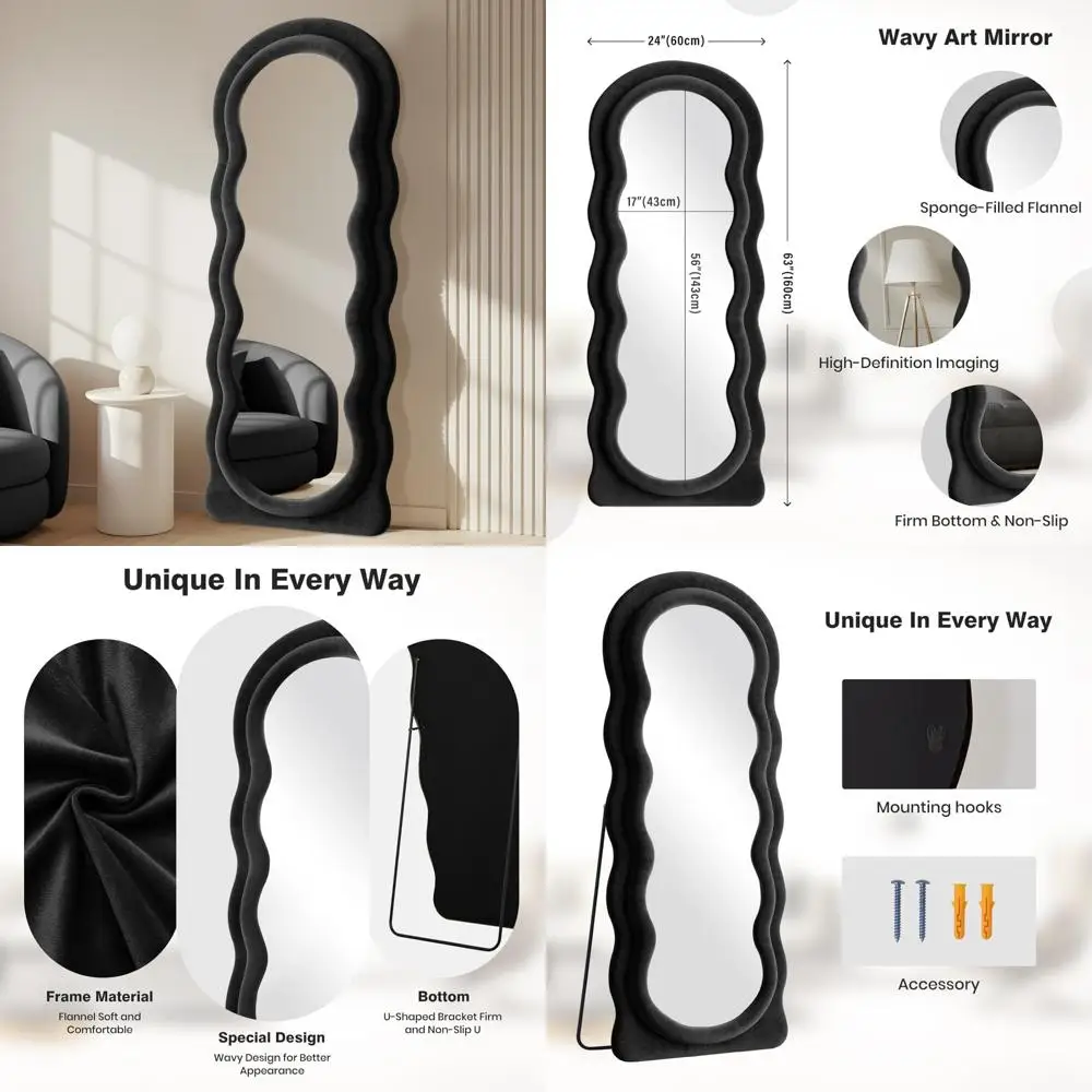 Specchio da parete a figura intera con cornice ondulata ad arco 63x24, da terra, flanella nera, specchio da parete pendente pendente per il riflimento completo del corpo