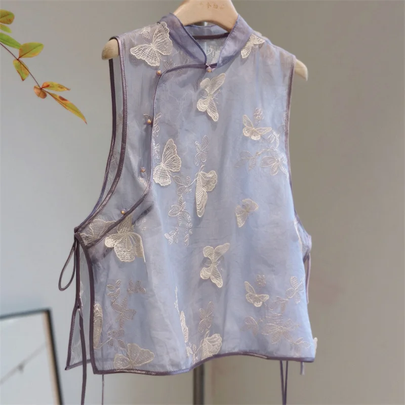

Fashion Spring and Summer Thin Purple Small Vest Coat Mesh Vest Wearing High-grade Purple Sleeveless Embroidered Vest Coat New