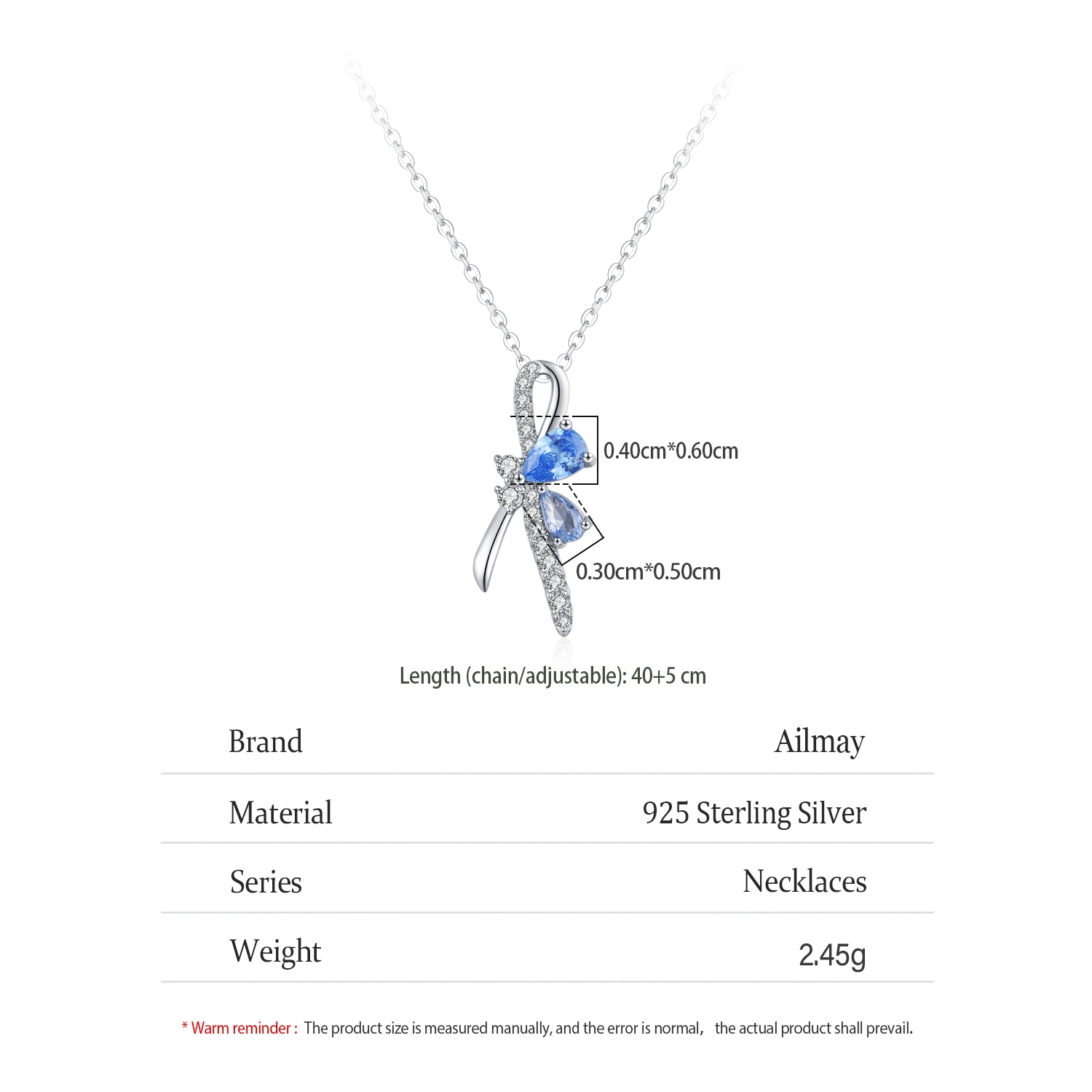 Ailmay 925 Sterling Silver Elegant Bow Pendant Necklace For Ladies Blue Water Droplet Zircon Party Jewelry Gifts