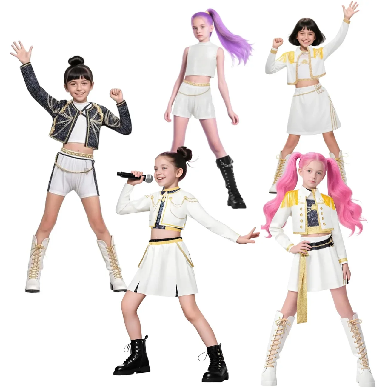 

New Golden Kpop Demon Hunters Cosplay Kids Rumi Mira Zoey Costume Girls Halloween Birthday Stage Performance Dress Up 3pcs Suits