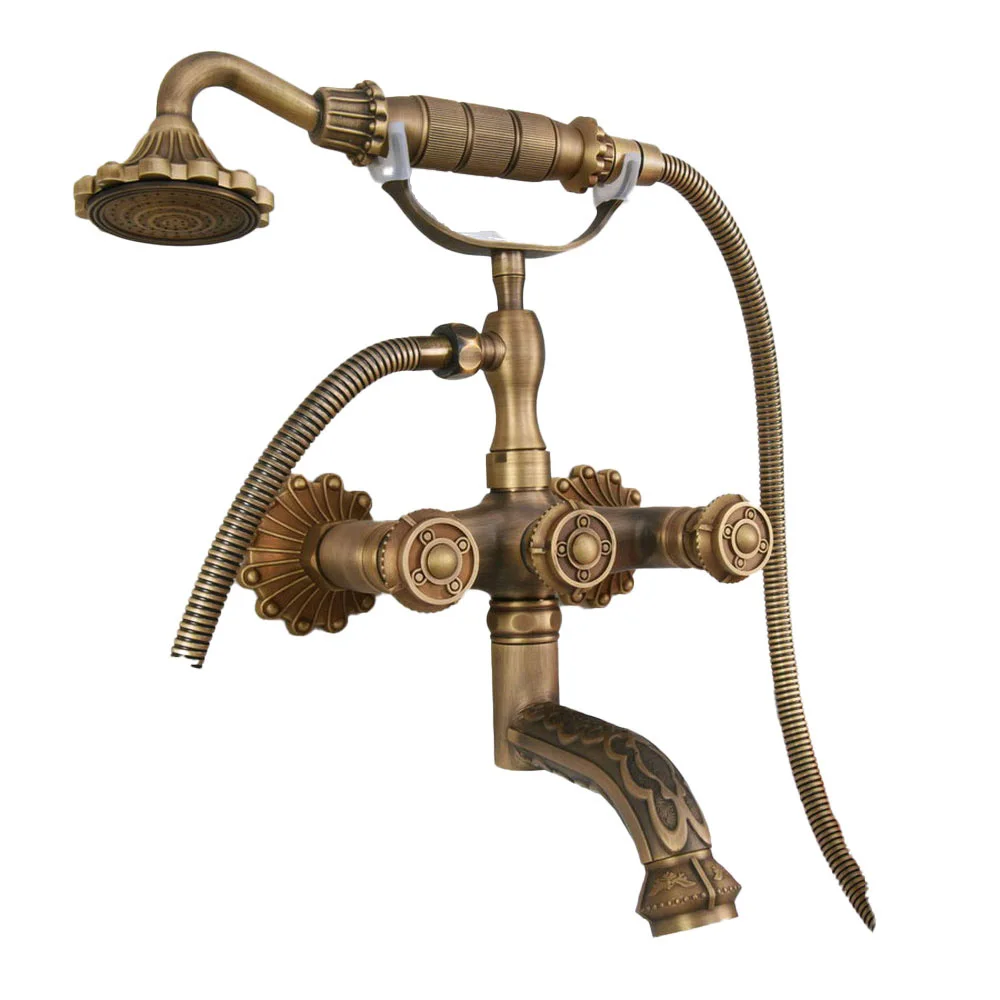 Retro Antique Brass Wall Mounted Bathroom Bath Tub Faucet Set WITH/ 150CM Handheld Shower Spray Head Mixer Tap Dna223